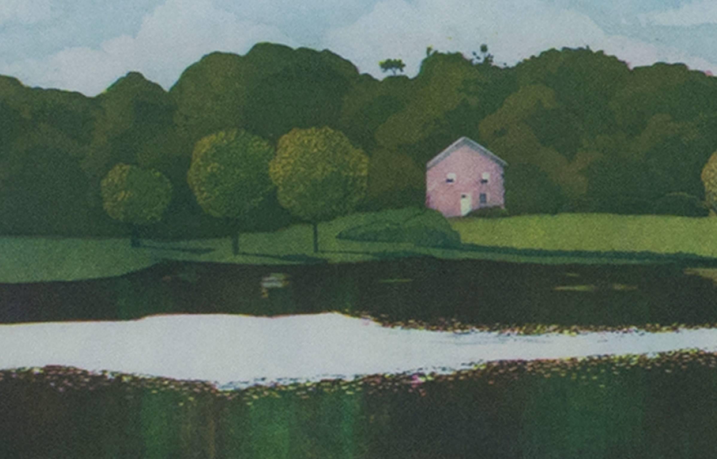 This aquatint, depicting a pink house on a lake, is by an unknown artist, signed 