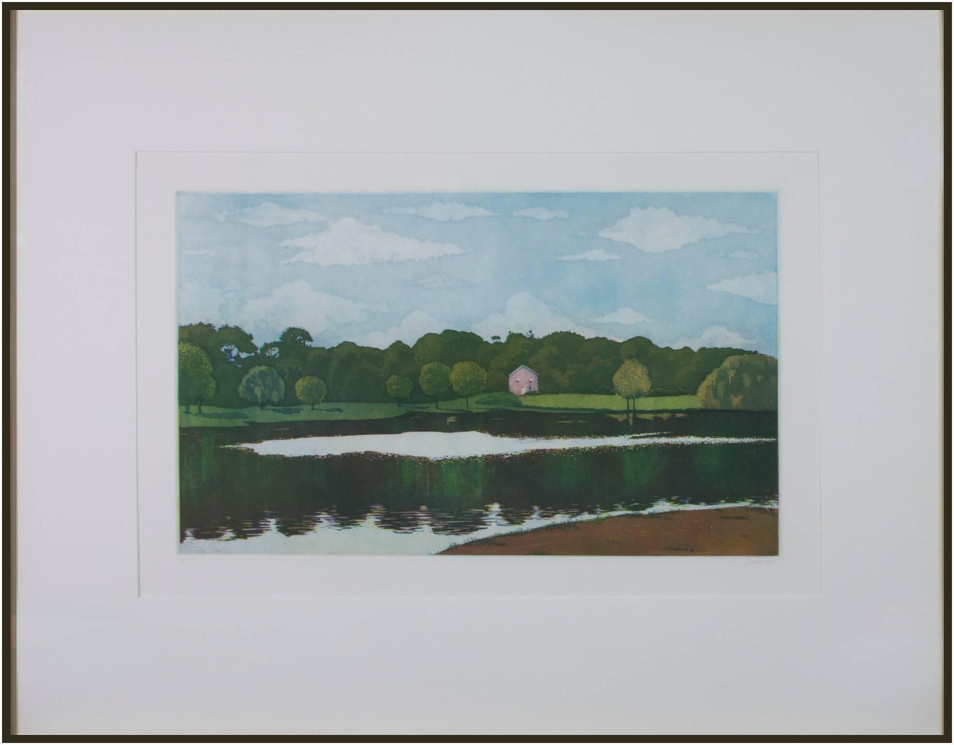 'Untitled (Pink House with Lake)' original aquatint by Nicolette Jelen 1