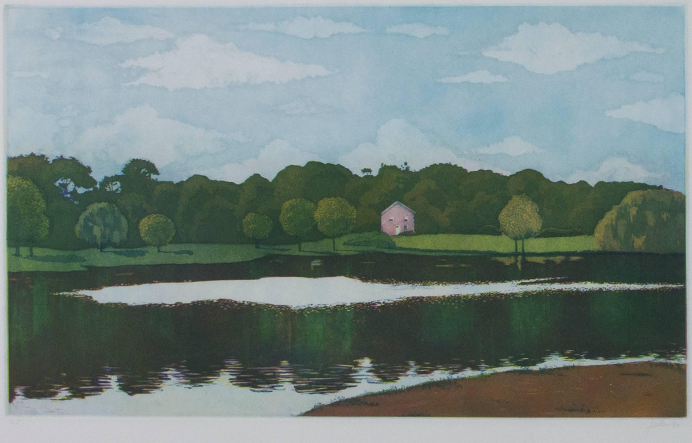 Unknown Landscape Print - 'Untitled (Pink House with Lake)' original aquatint by Nicolette Jelen