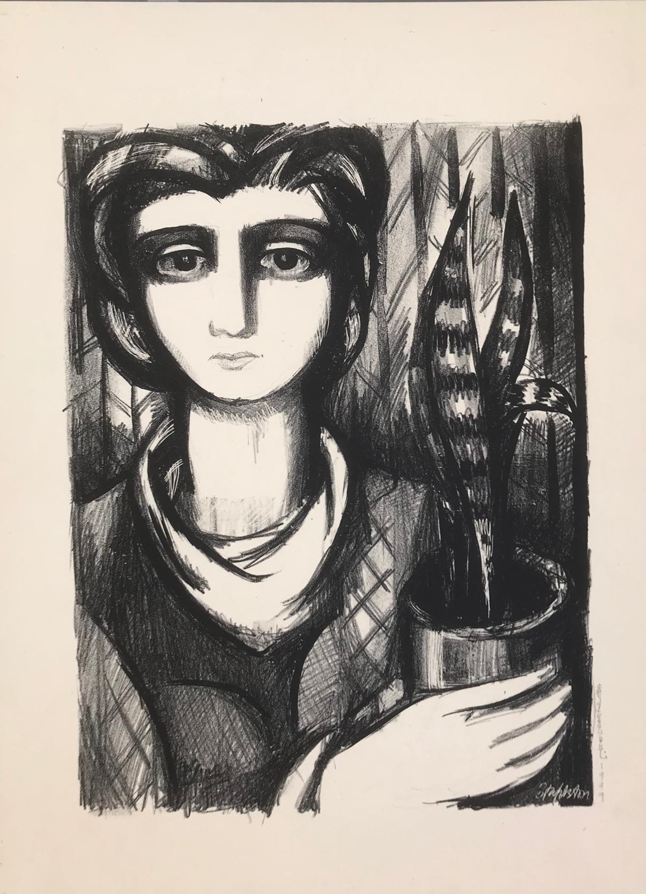 Unknown Portrait Print - Untitled: Woman with Plant