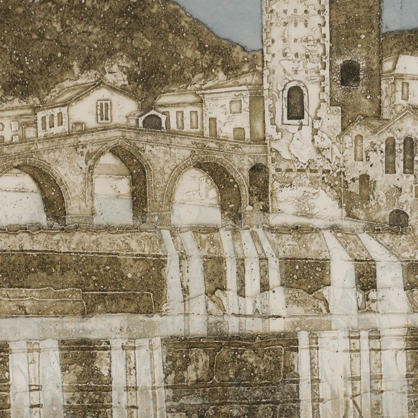 Typical of Thornton's oeuvre, this beautiful aquatint details the magnificent medieval town of Fermignano, its famous Roman bridge, and flowing falls. Signed, dated, and titled in pencil below the plate lines. Editioned 23/75. Presented in a