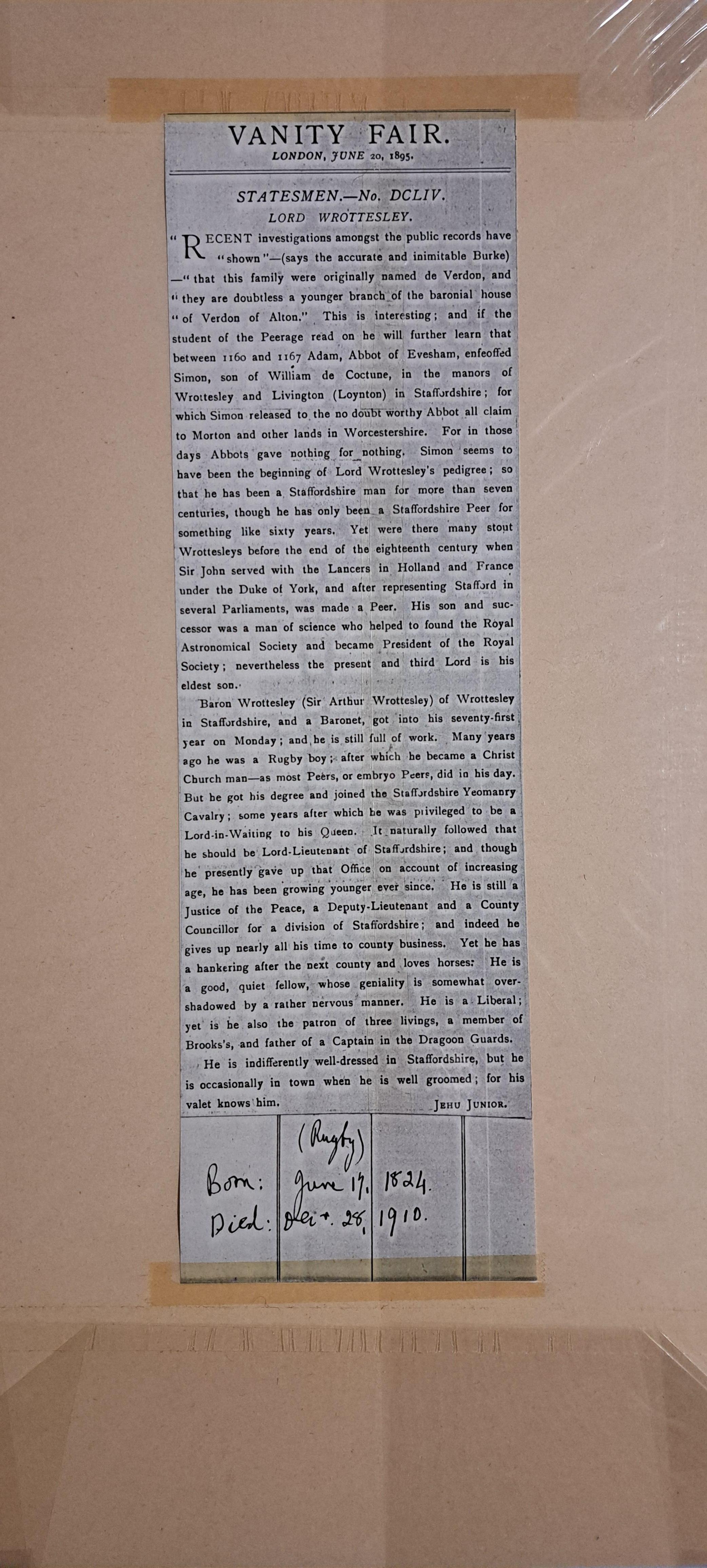 Vanity Fair Print, Statesman Nr. 654 Arthur Wrottesley, 3. Baron Wrottesley 
Passepartoutgröße 49 x 34 cm in insgesamt gutem Zustand 
ungerahmt, aber mit Passepartout und Beschreibung des Dargestellten
siehe unten für Details
Ich habe eine Auswahl