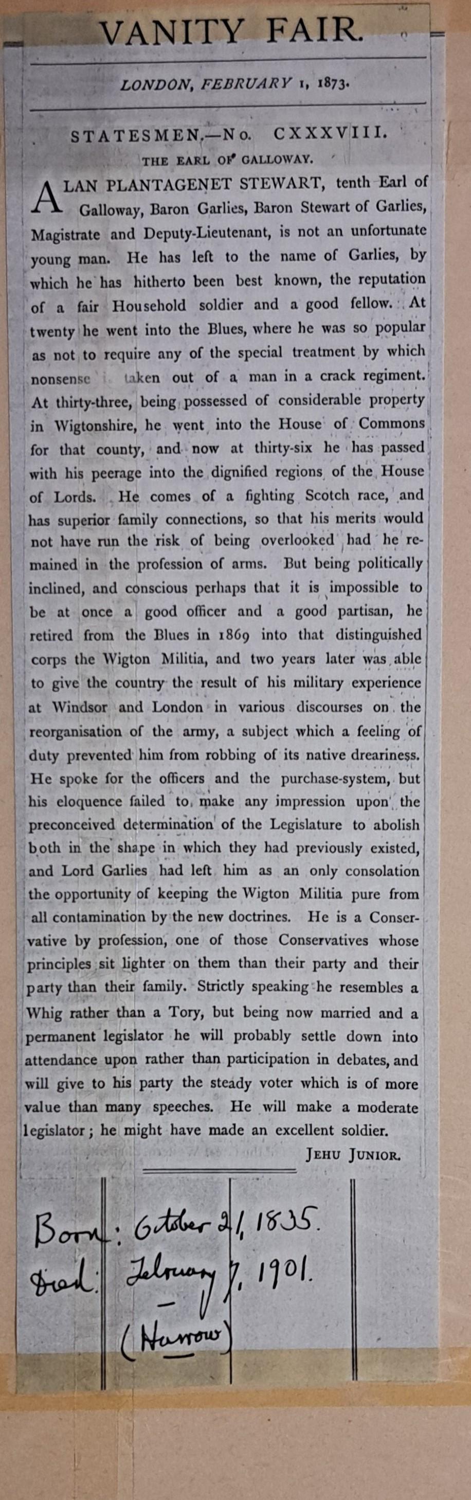 Vanity Fair Print, Étatsman n° 138, le comte de Galloway 1