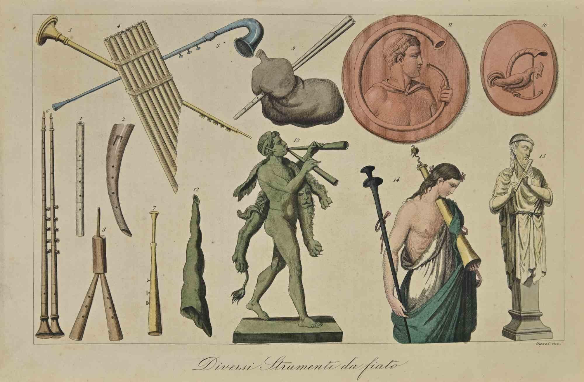 Unknown Figurative Print – Verschiedene Windinstrumente – Lithographie – 1862