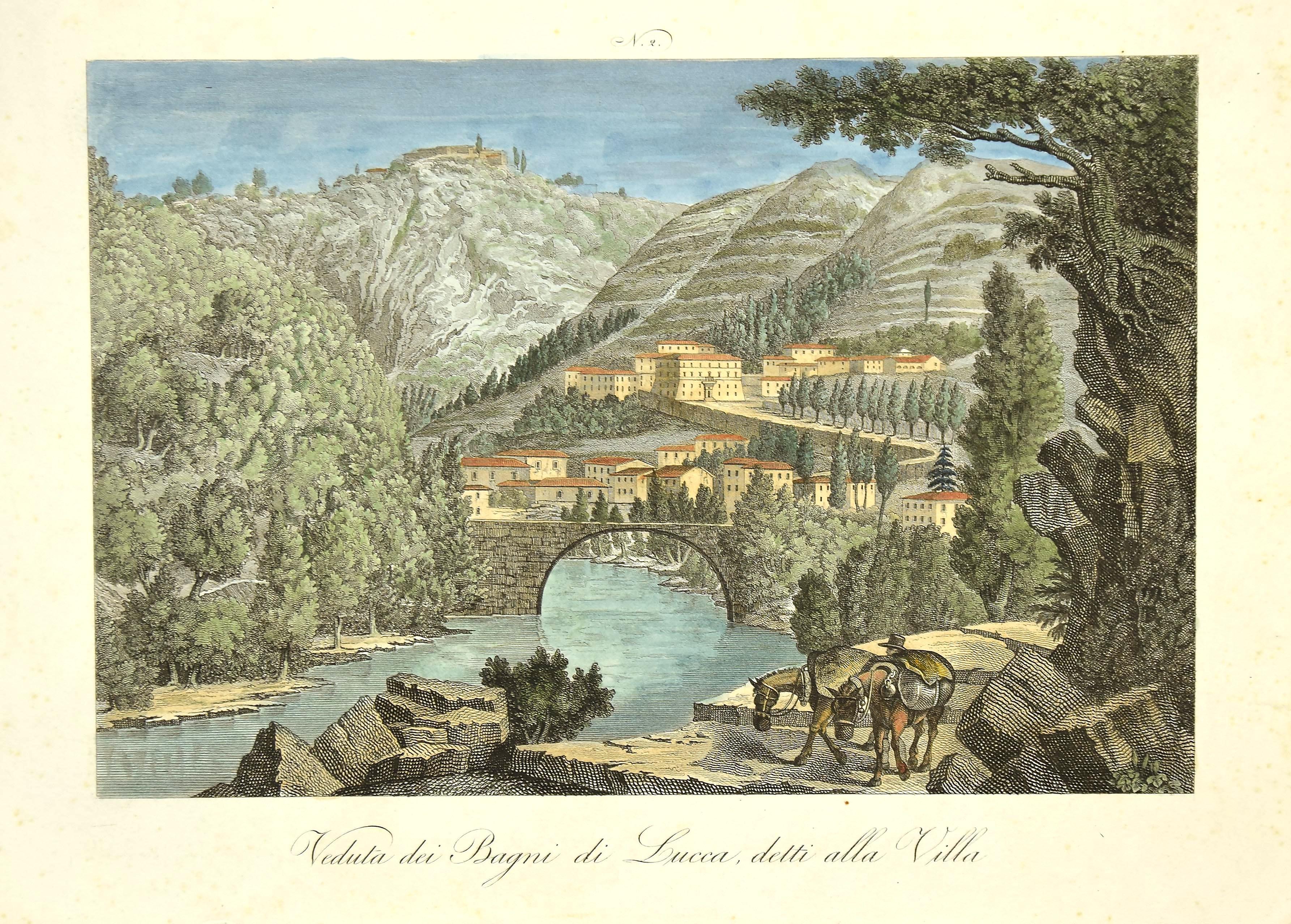 Unknown Figurative Print - Veduta dei Bagni di Lucca, detti alla Villa - Original Etching  - 19th Century