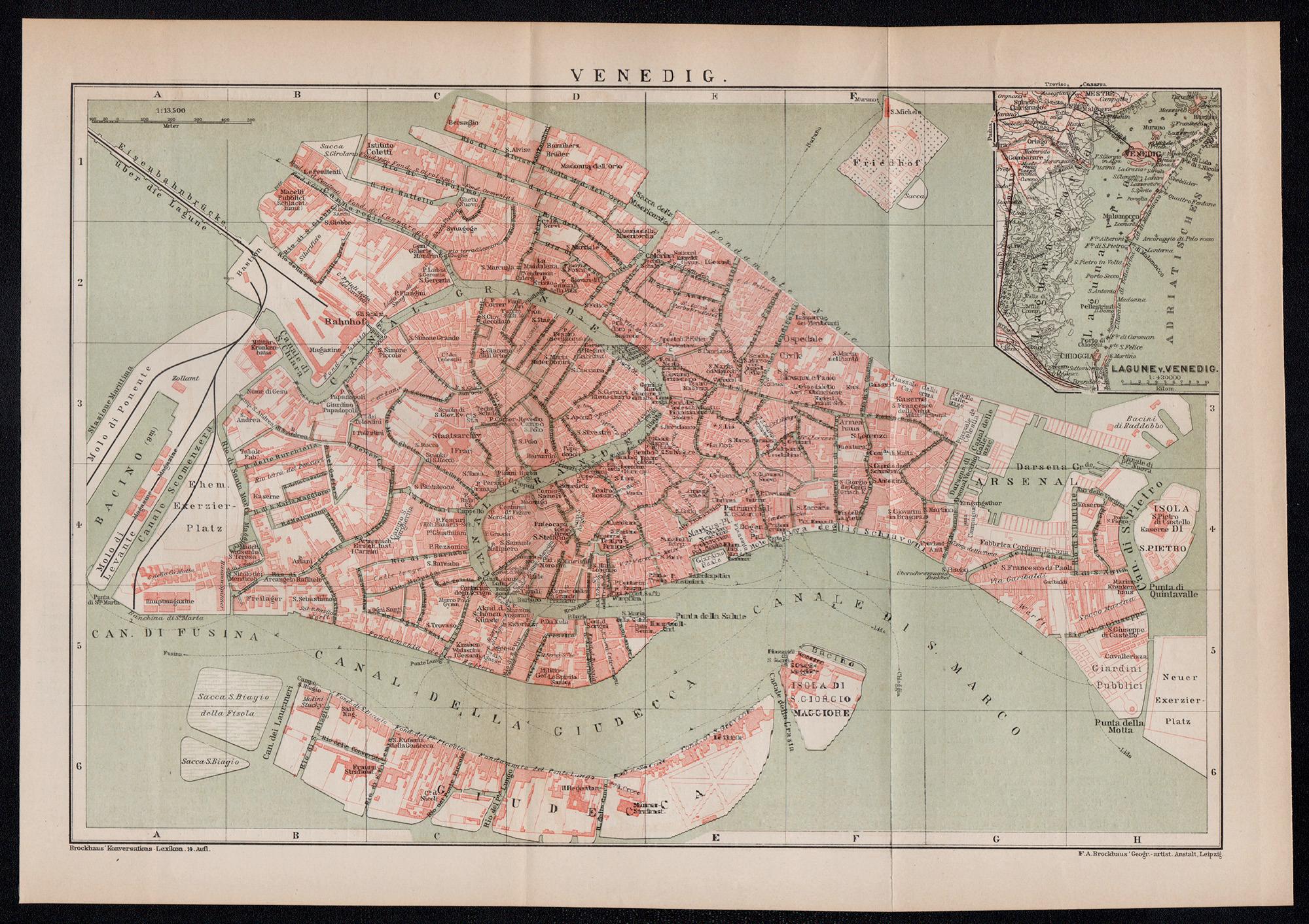 Venedig, Italien. Antike Karte Stadtplan Chromolithographie, um 1895 – Print von Unknown