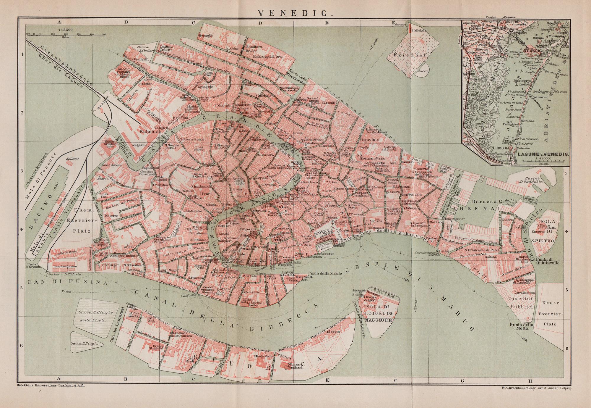 Venice, Italy. Antique Map City Plan Chromolithograph, circa 1895
