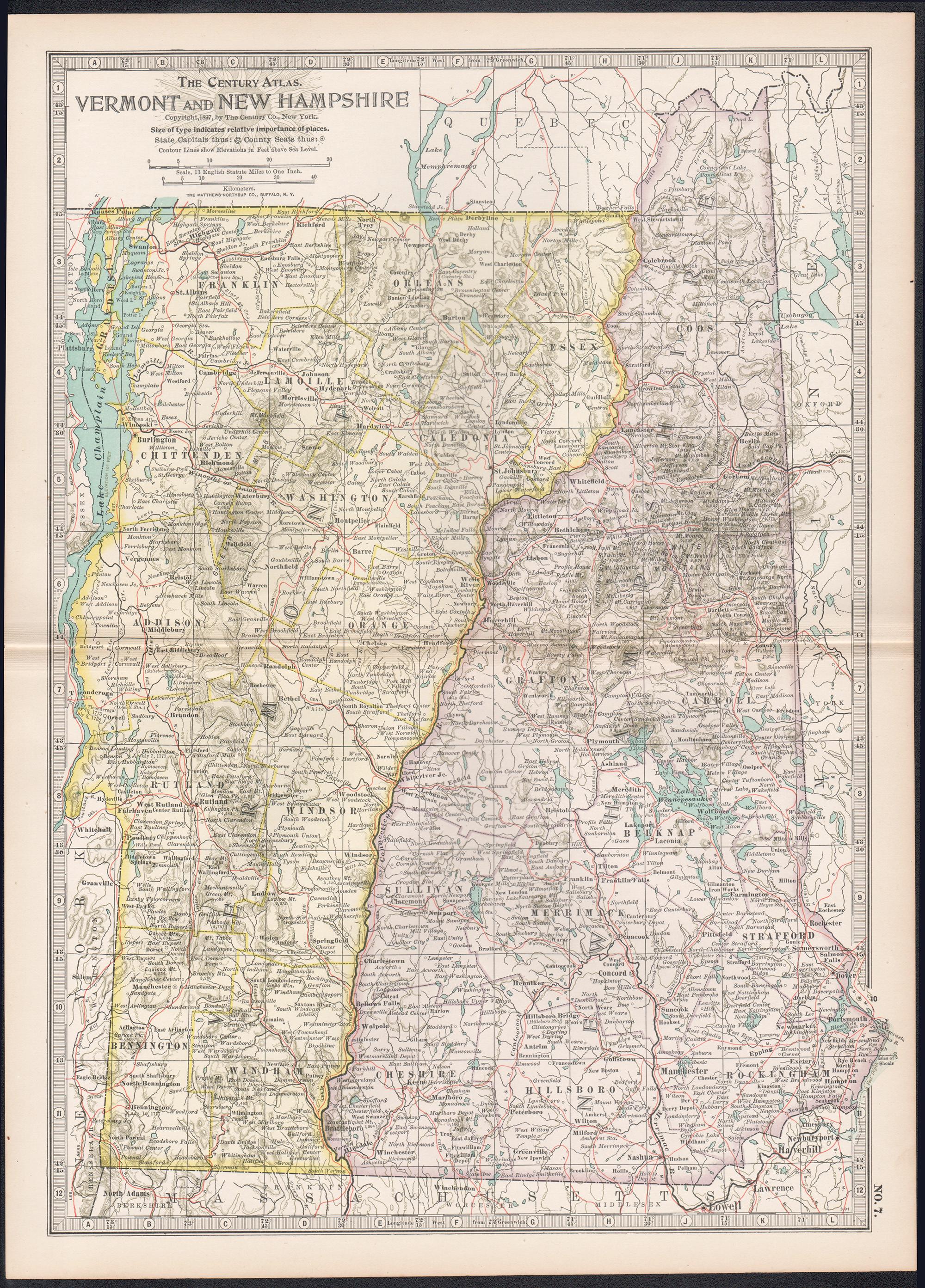 Vermont and New Hampshire. USA Century Atlas state antique vintage map - Print by Unknown