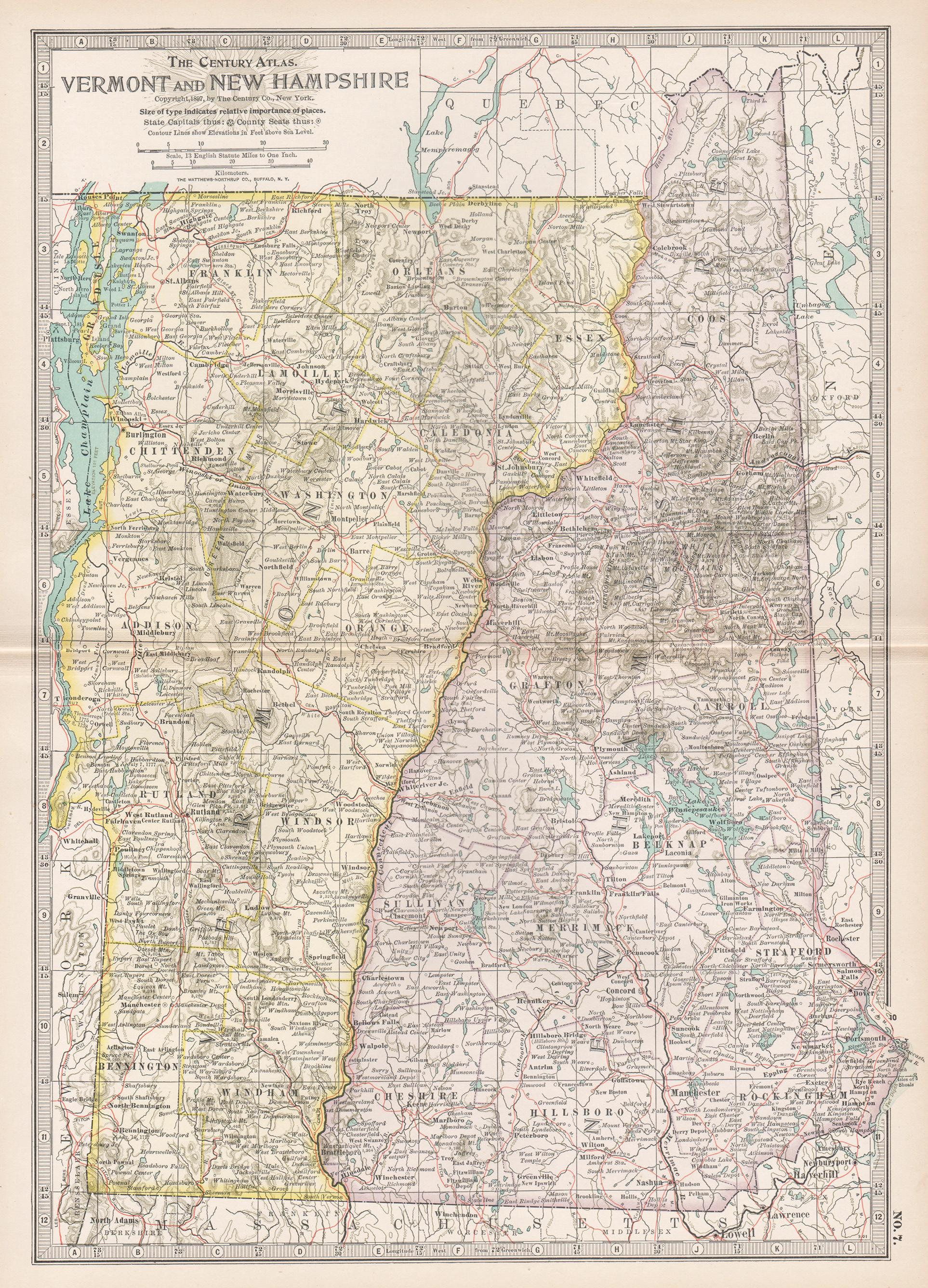 Unknown Print - Vermont and New Hampshire. USA Century Atlas state antique vintage map
