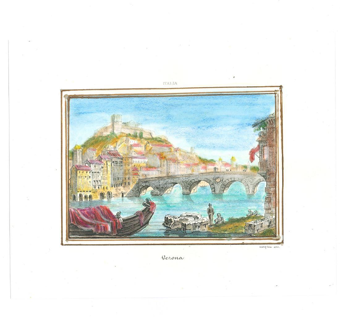 Paysage urbain de Vérone - Lithographie originale - 19ème siècle