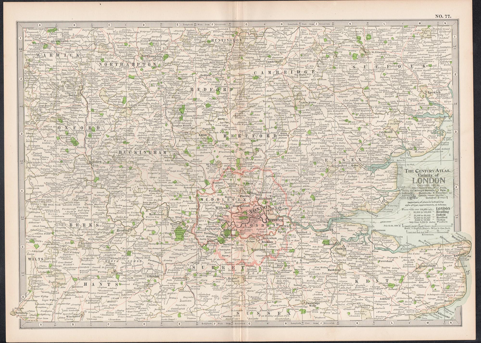 Vicinity of London, England, United Kingdom. Century Atlas antique map - Print by Unknown