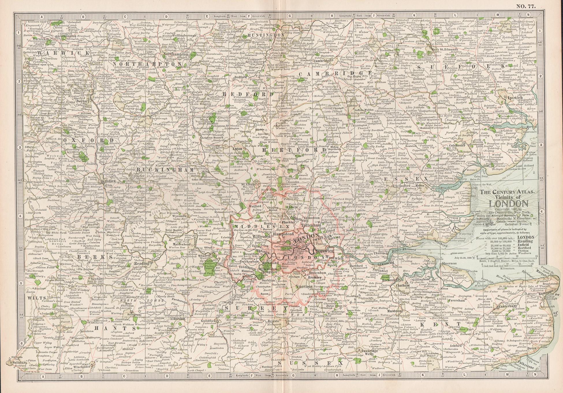 Unknown Print - Vicinity of London, England, United Kingdom. Century Atlas antique map