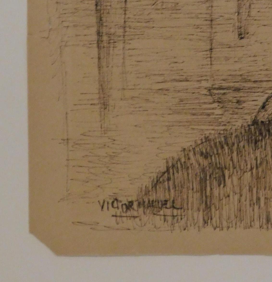 Original pen & ink drawing by well-known Cuban artist Victor Manuel (1897-1969).
The subject is a man and woman seated near the water. 
This pen and ink drawing on graph paper bears a rubber stamp on the verso.
Image measures: 10