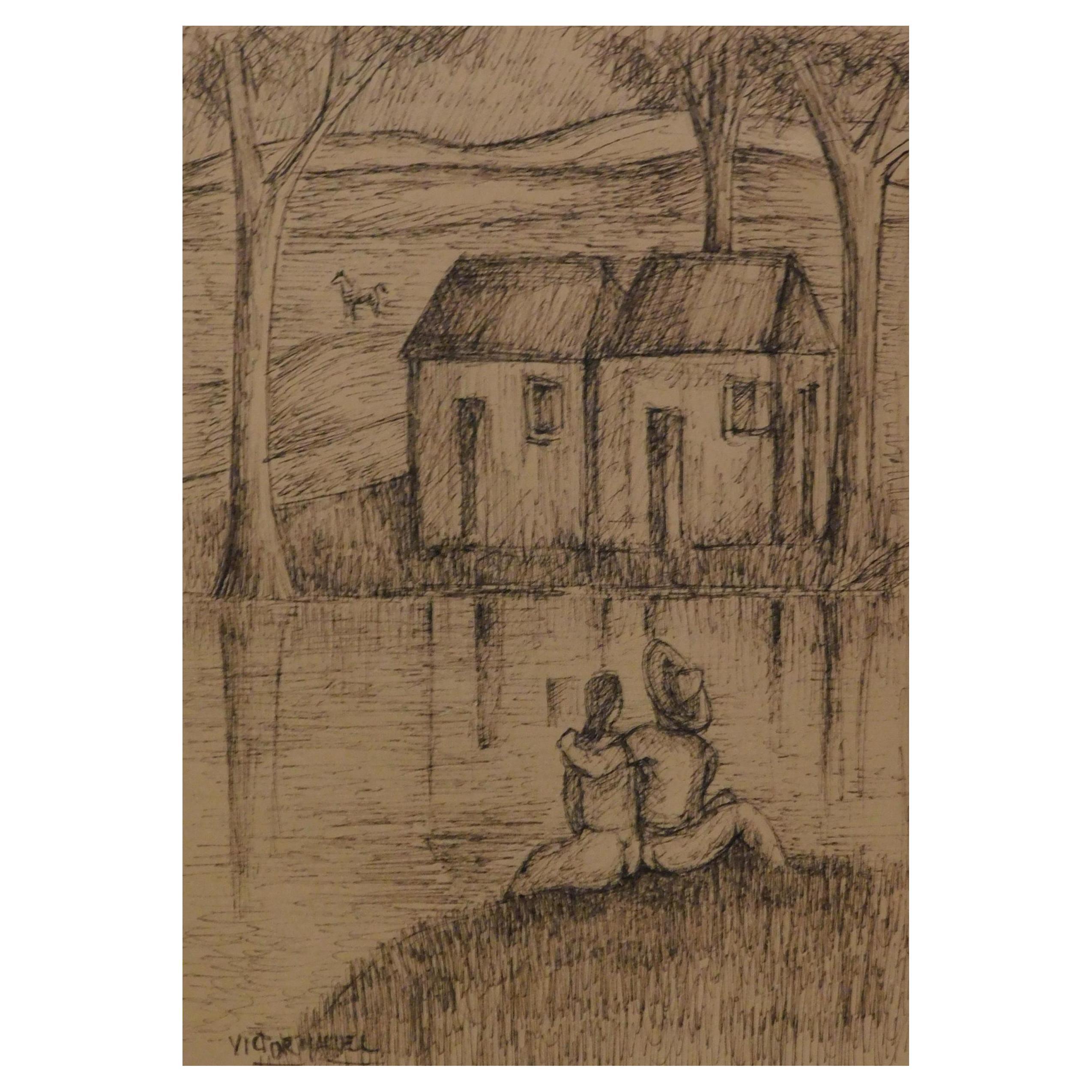 Unknown Figurative Print - Victor Manuel Cuban Artist, Original Pen & Ink Drawing, circa 1930s-1940s