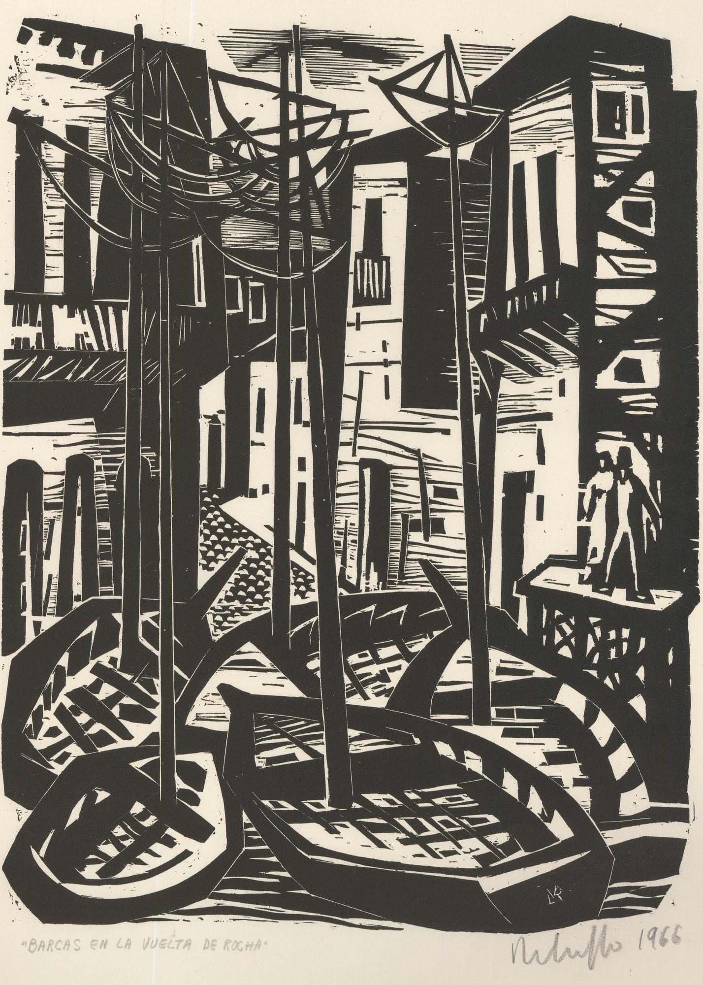 Victor Rebuffo (1903-1983) - 1966 Woodcut, Barcas En La Vuelta De Rocha - Print by Unknown