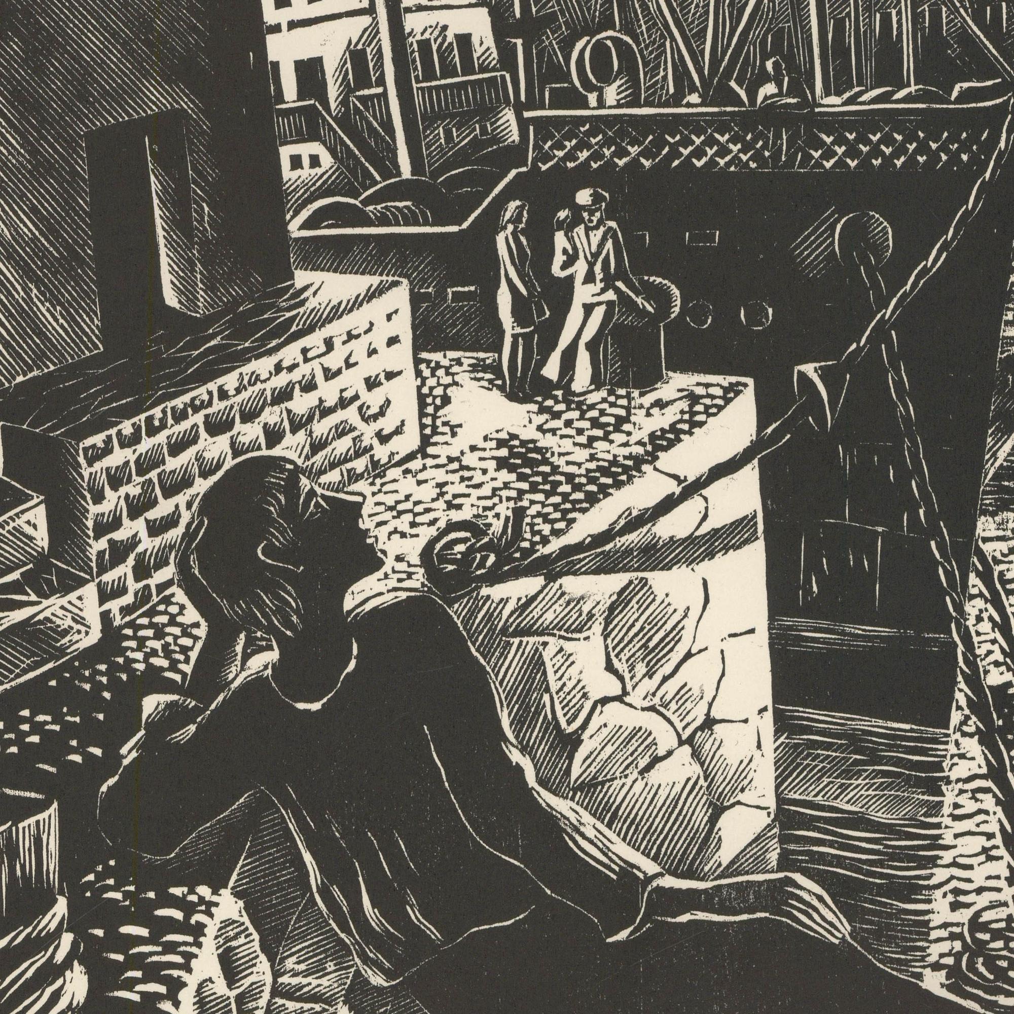 Victor Rebuffo (1903-1983) - Mid 20th Century Woodcut, Atraccion - Beige Landscape Print by Unknown