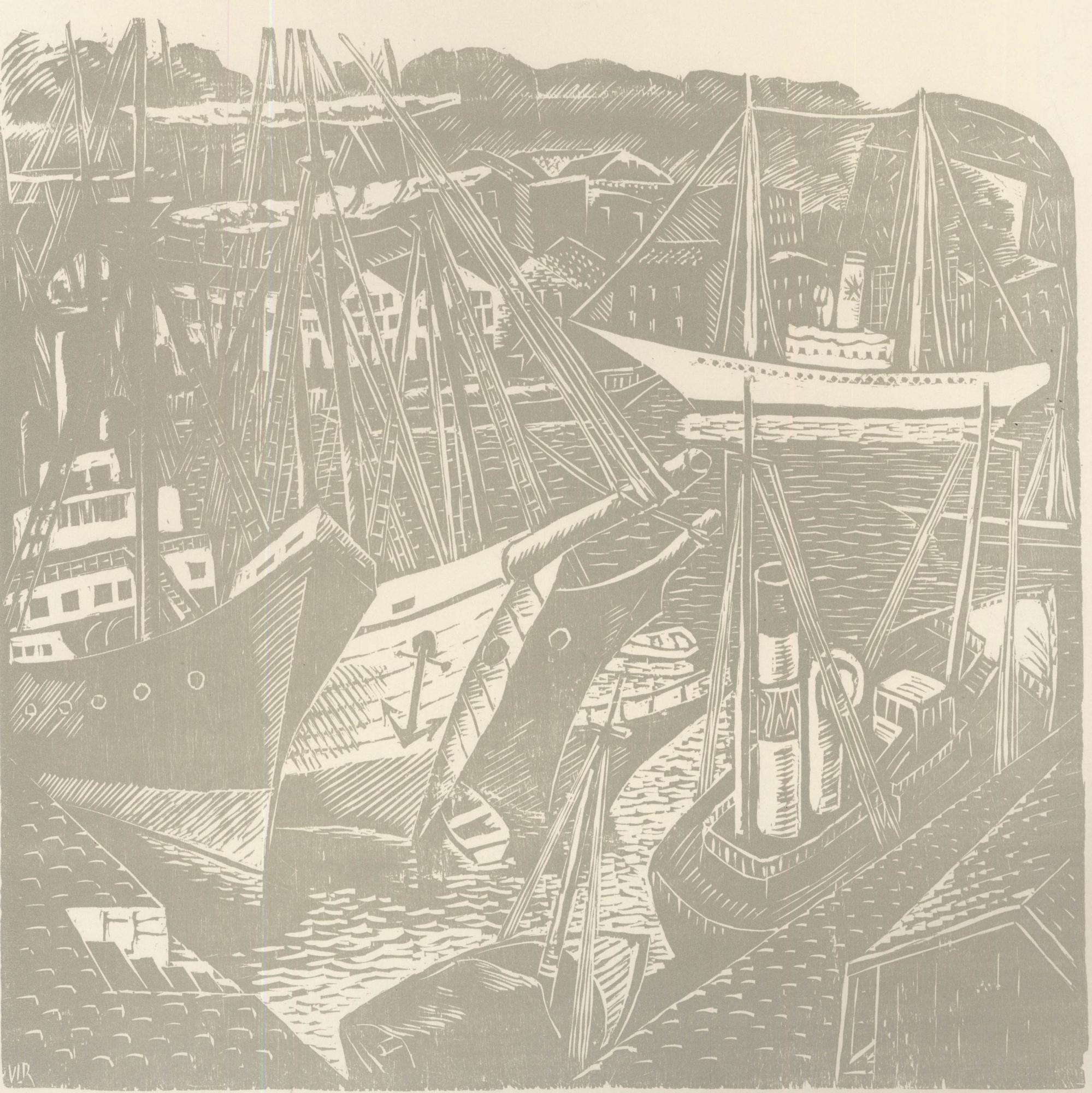 Victor Rebuffo (1903-1983) - Holzschnitt, Boote und Hafen, Mitte 20. – Print von Unknown