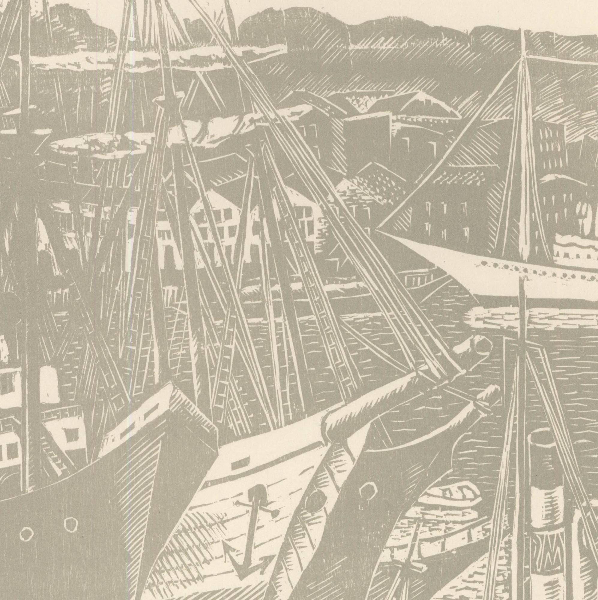 Victor Rebuffo (1903-1983) - Holzschnitt, Boote und Hafen, Mitte 20. (Weiß), Landscape Print, von Unknown