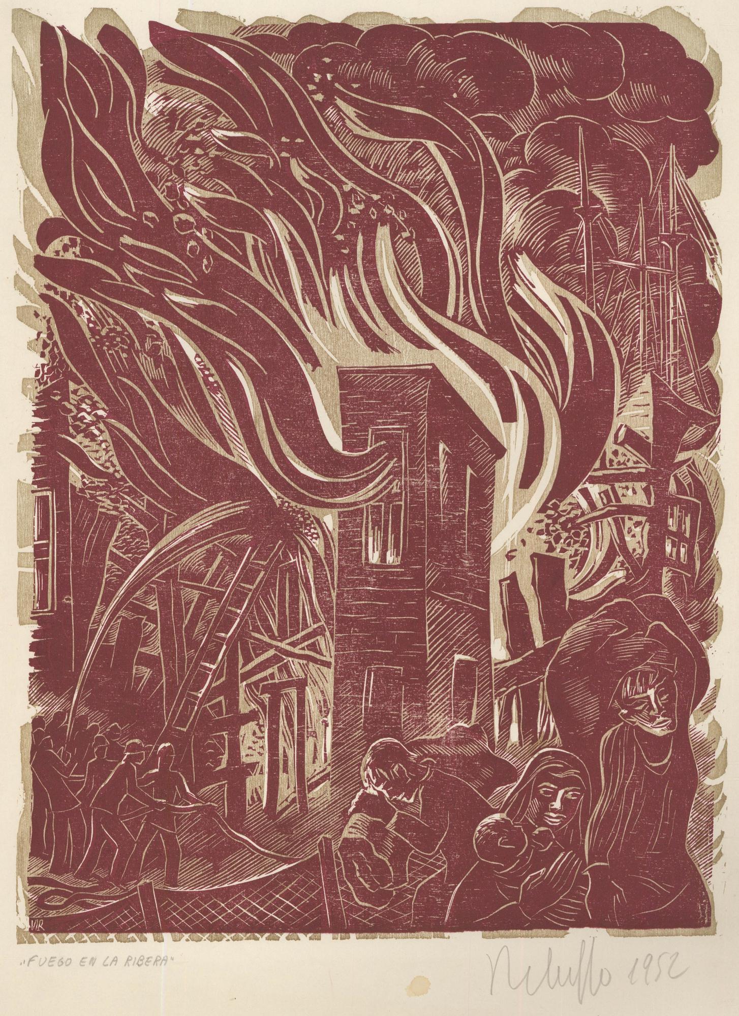 Victor Rebuffo (1903-1983) - Mid 20th Century Woodcut, Fuego En La Ribera - Print by Unknown