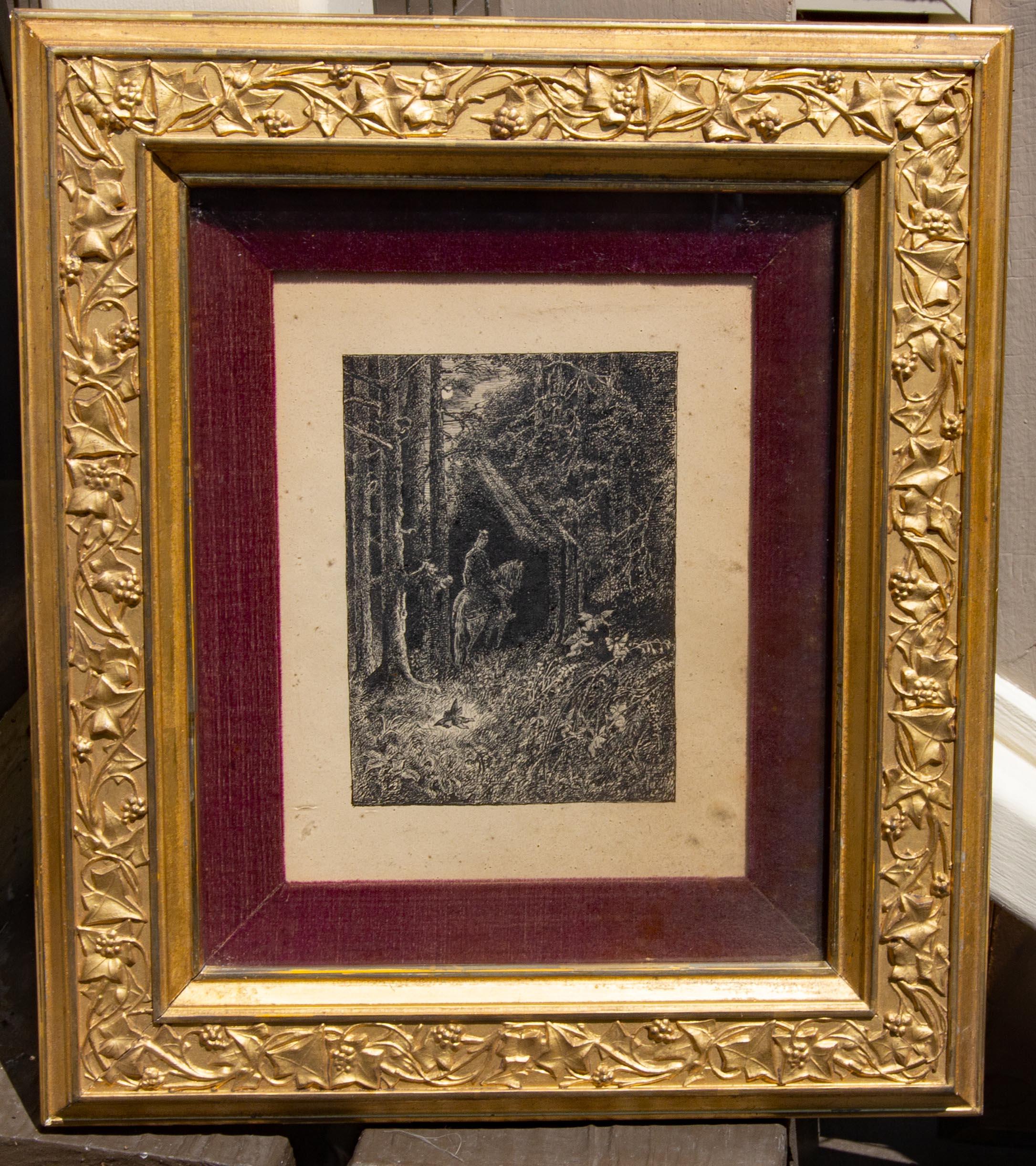 Victorian Engraving Forest with Fairies and a Mounted Knight Original Gilt Frame - Print by Unknown