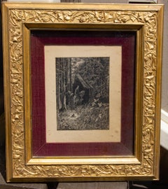 Victorian Engraving Forest with Fairies and a Mounted Knight Original Gilt Frame