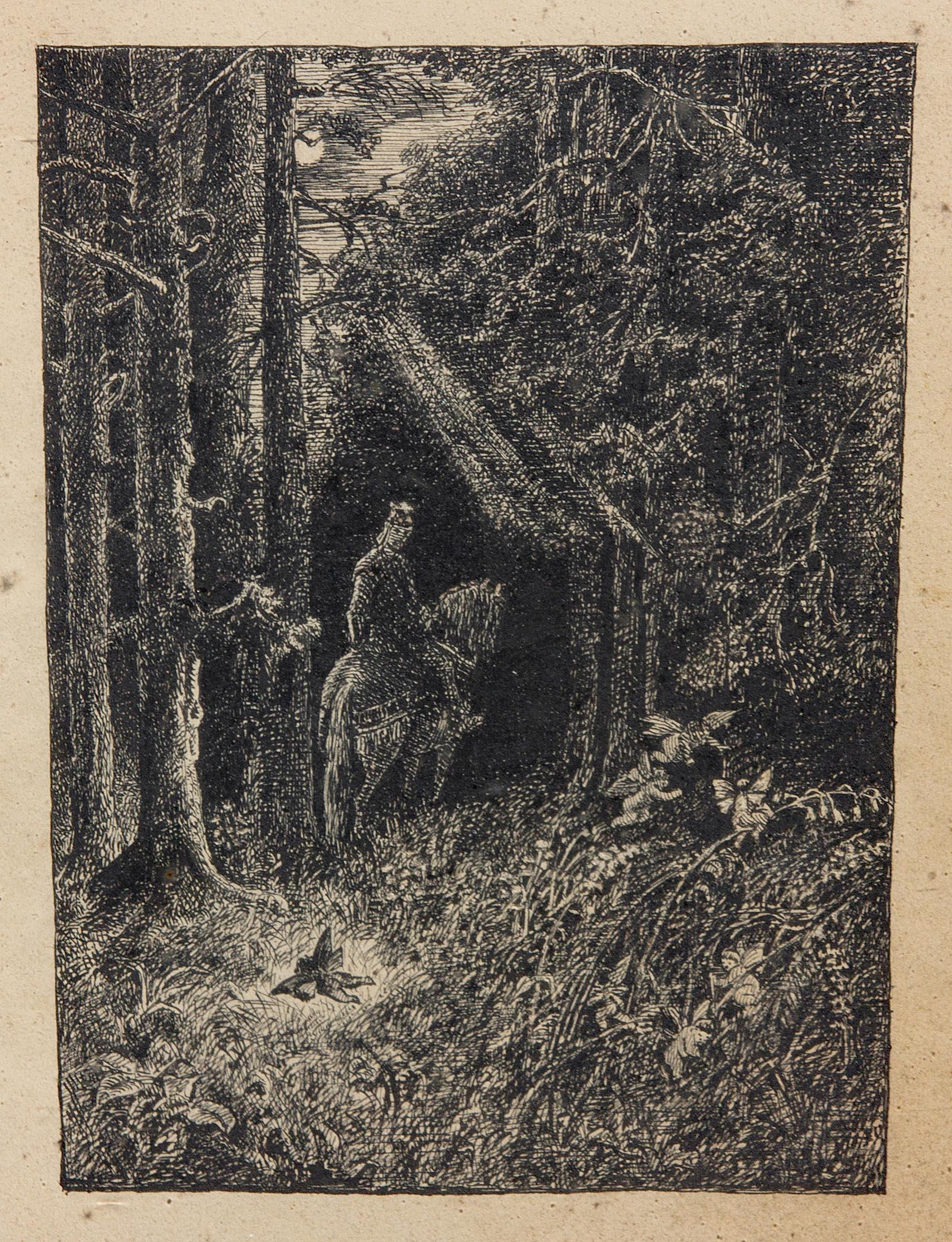 Victorian Engraving Forest with Fairies and a Mounted Knight Original Gilt Frame - Black Landscape Print by Unknown