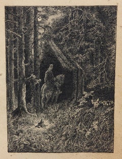 Victorian Engraving Forest with Fairies and a Mounted Knight Original Gilt Frame