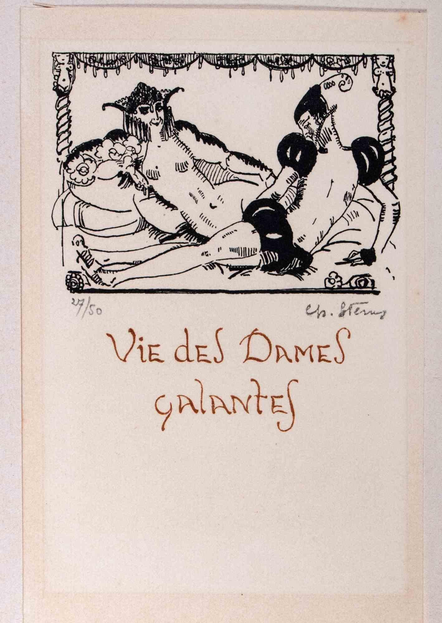 Unknown Figurative Print – Vie des Dames Galantes –  Burin Druck  - 1910s
