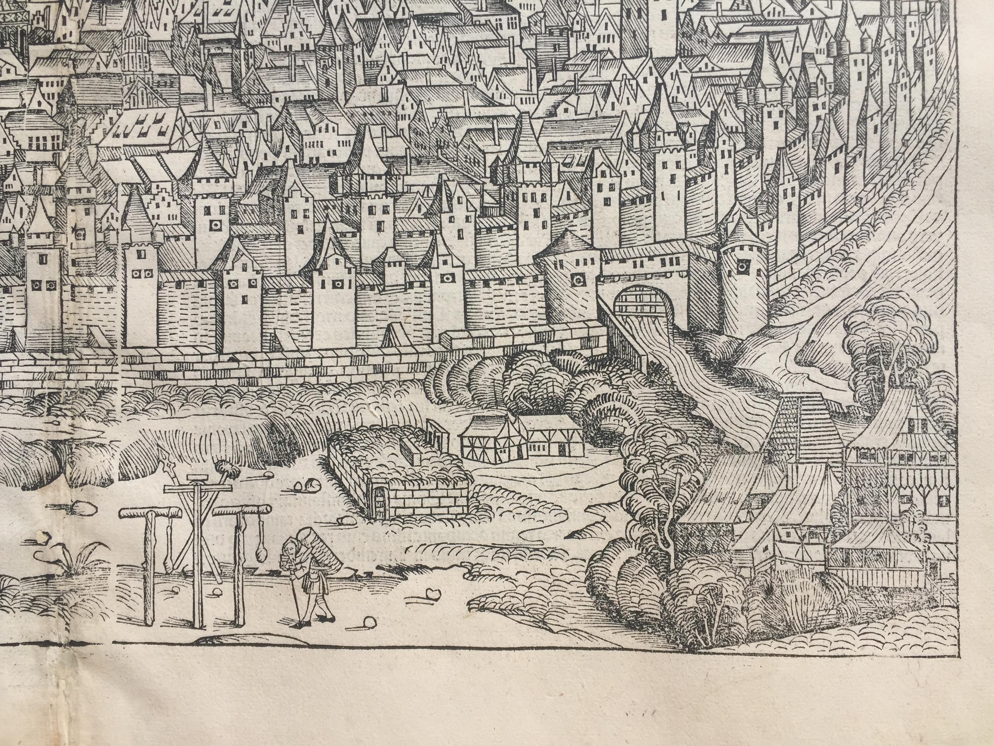 View of Nuremberg from Nuremberg Chronicle - 527 years old - Old Masters Print by Unknown