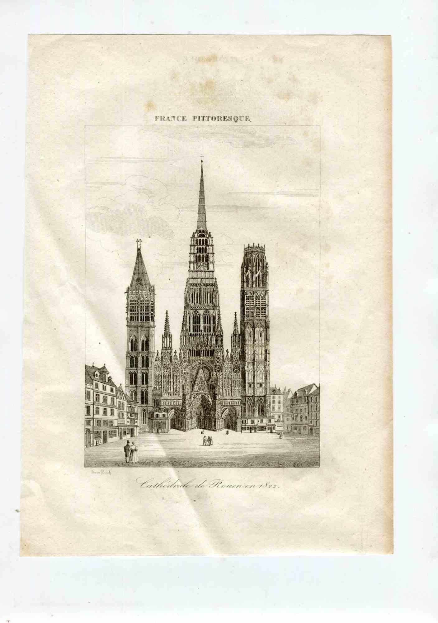 Unknown Figurative Print - View of the Cathedral of Rouen - Original Lithograph - 19th Century