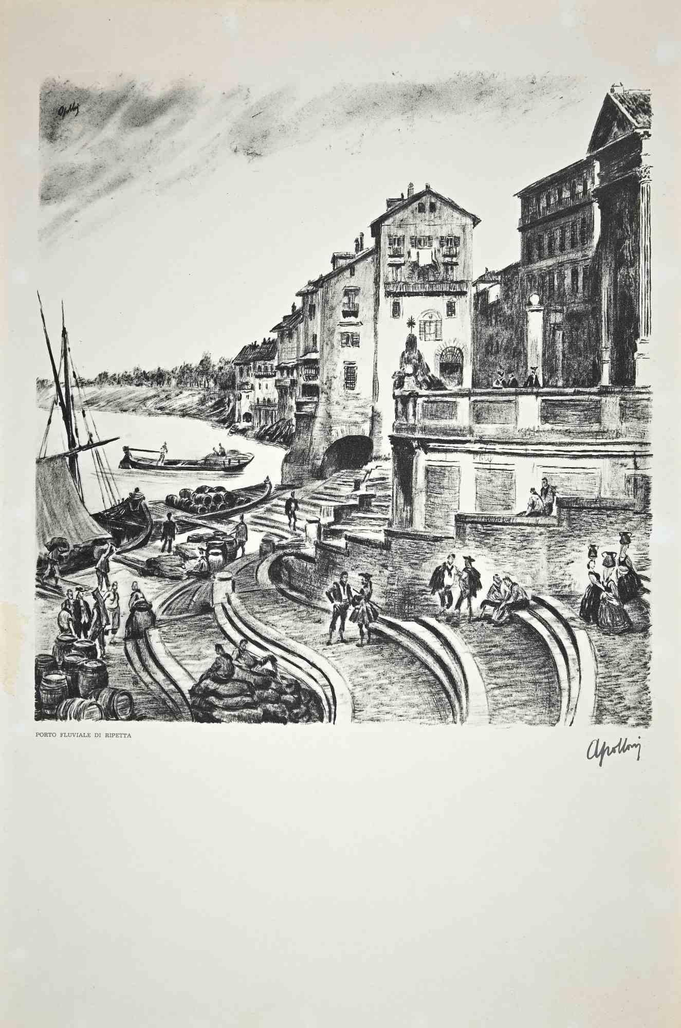 Unknown Landscape Print – Blick auf den Hafen von Ripetta – Lithographie – 20. Jahrhundert