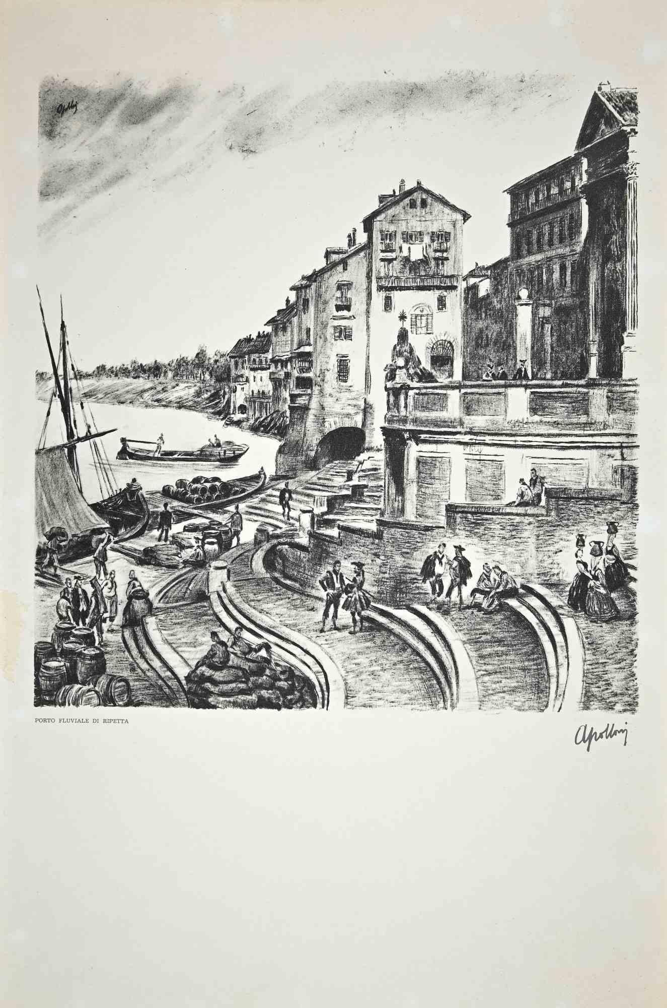 Landscape Print di Unknown - Veduta del porto di Ripetta - Litografia - XX secolo