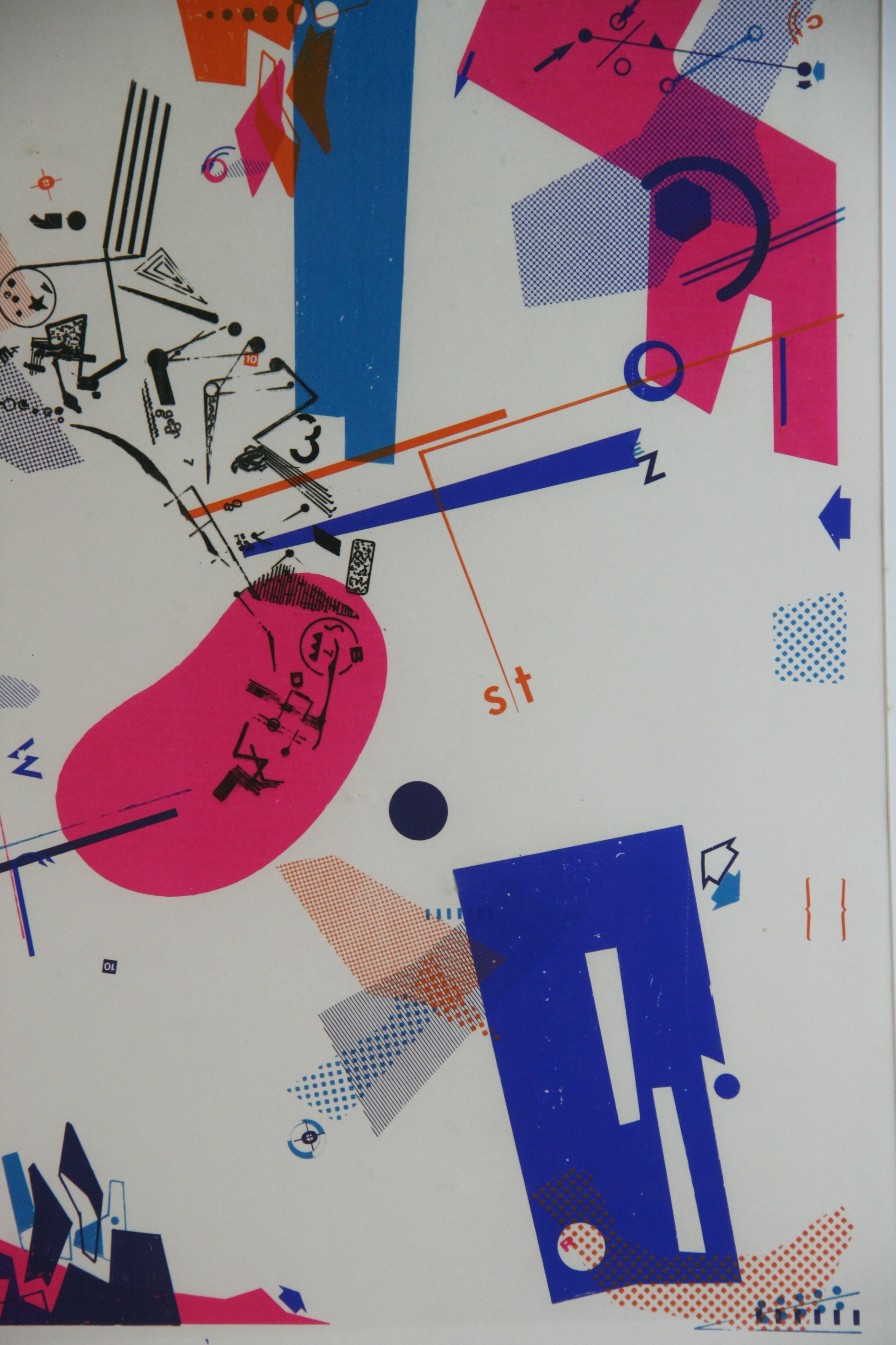 5138 Grande lithographie colorée abstraite moderniste signée 
numéroté 15/75 publié en 1970
Taille de l'image encadrée 23x23