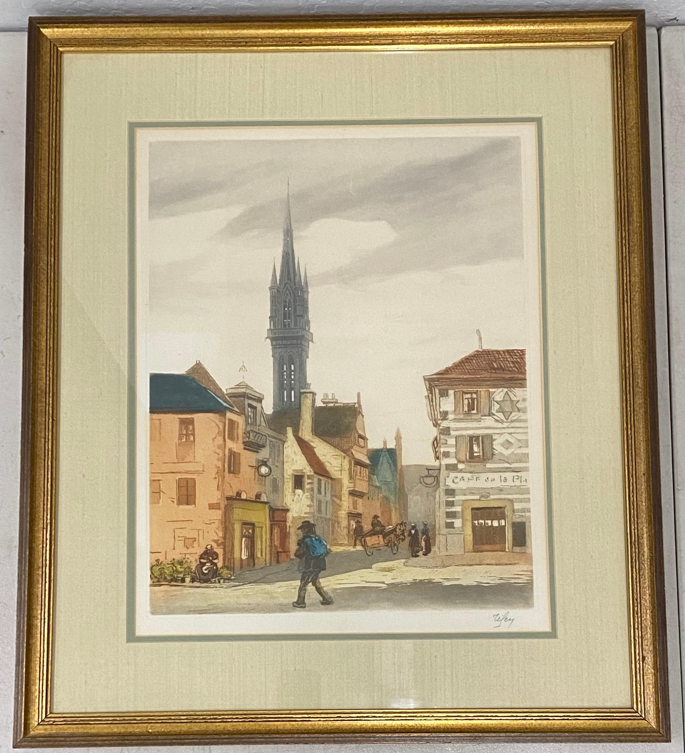 Lithographie d'école européenne vintage colorée à la main, vers les années 1940