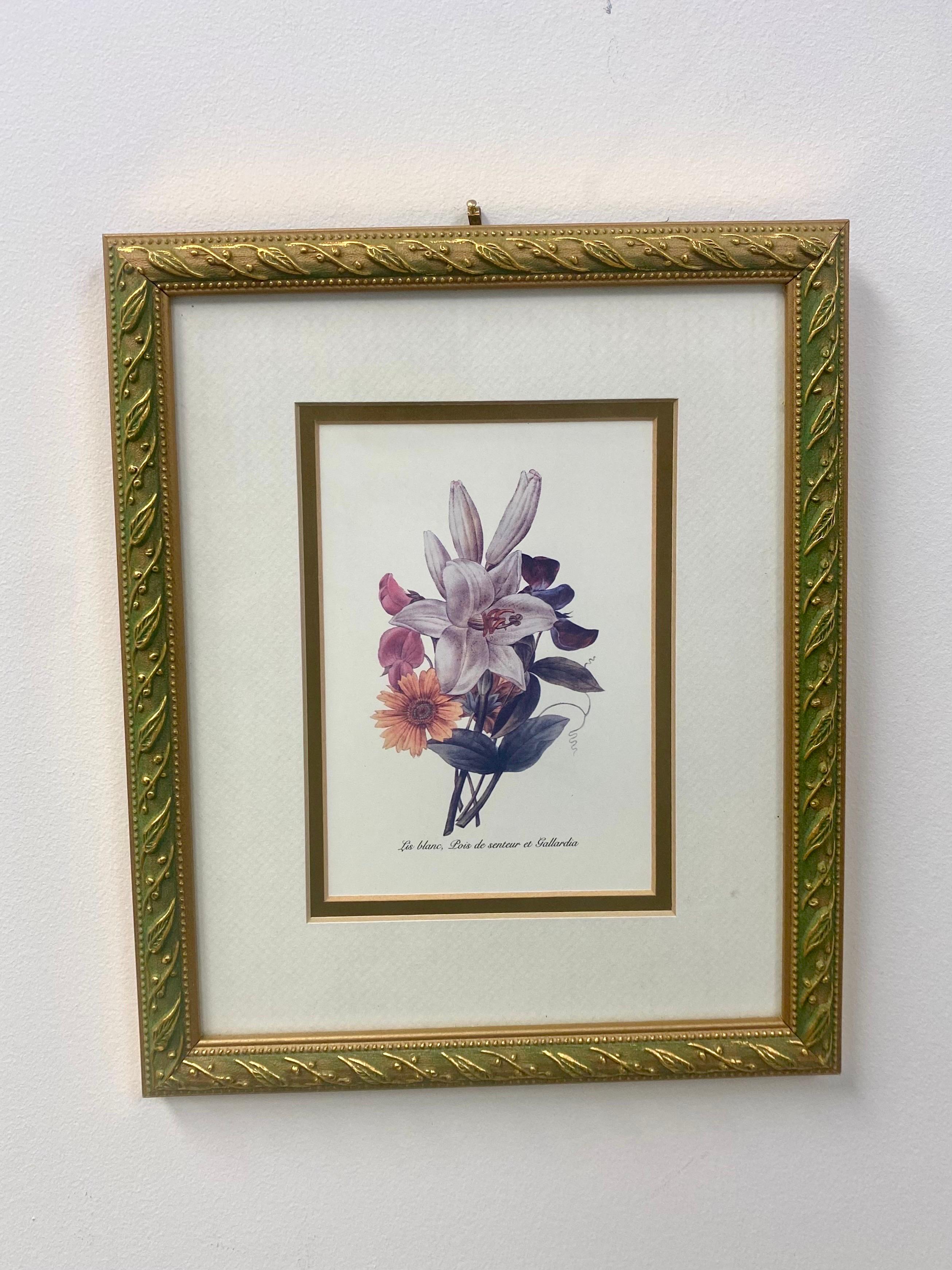 A set of 4 Mid Century Botanicals featuring Lis Blanc, Pois de Senteur, Gallarda, Oillets, Gyclamer et Pensees. 
The set of botanicals is finely matted and framed in gilded frame. 

Dimensions: 11” H x 9.25” W x 1” D
Unframed: 6.5” H x 4.25” W x 1” D