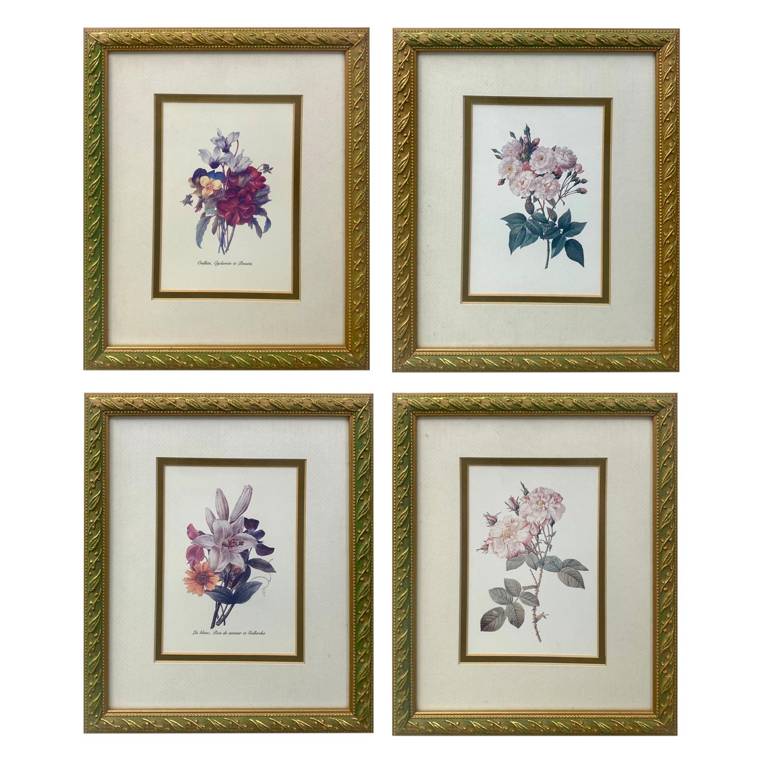 Unknown Print - Vintage Flowers Botanicals, Matted and Framed  Set of 4