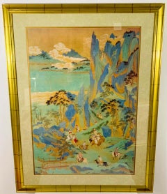 Poster asiatico vintage di grandi dimensioni incorniciato e opacizzato in una cornice dorata