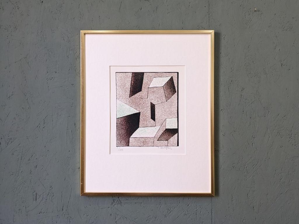 Vintage Mid-Century Abstract Signed Swedish Lithograph - Kinetic Shapes - Print by Unknown