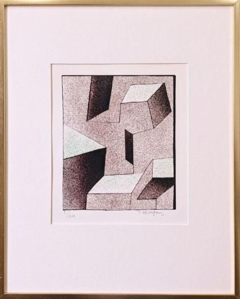 Unknown Abstract Print - Vintage Mid-Century Abstract Signed Swedish Lithograph - Kinetic Shapes
