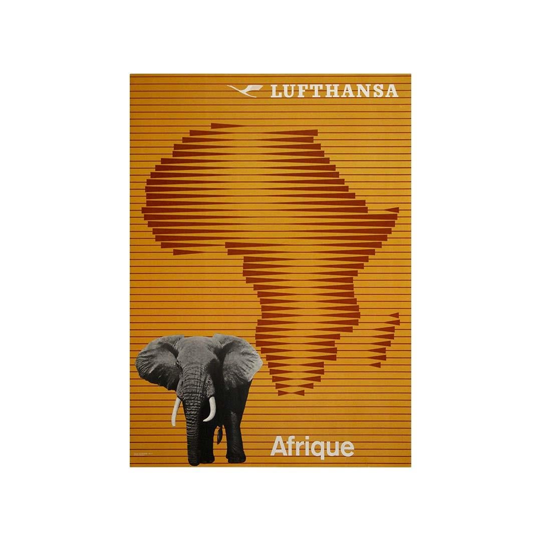 Bold and minimal, this vintage Lufthansa travel poster from the 1960s powerfully evokes the spirit of adventure and exploration on the African continent. Featuring a striking geometric map of Africa constructed from rhythmic horizontal lines, the