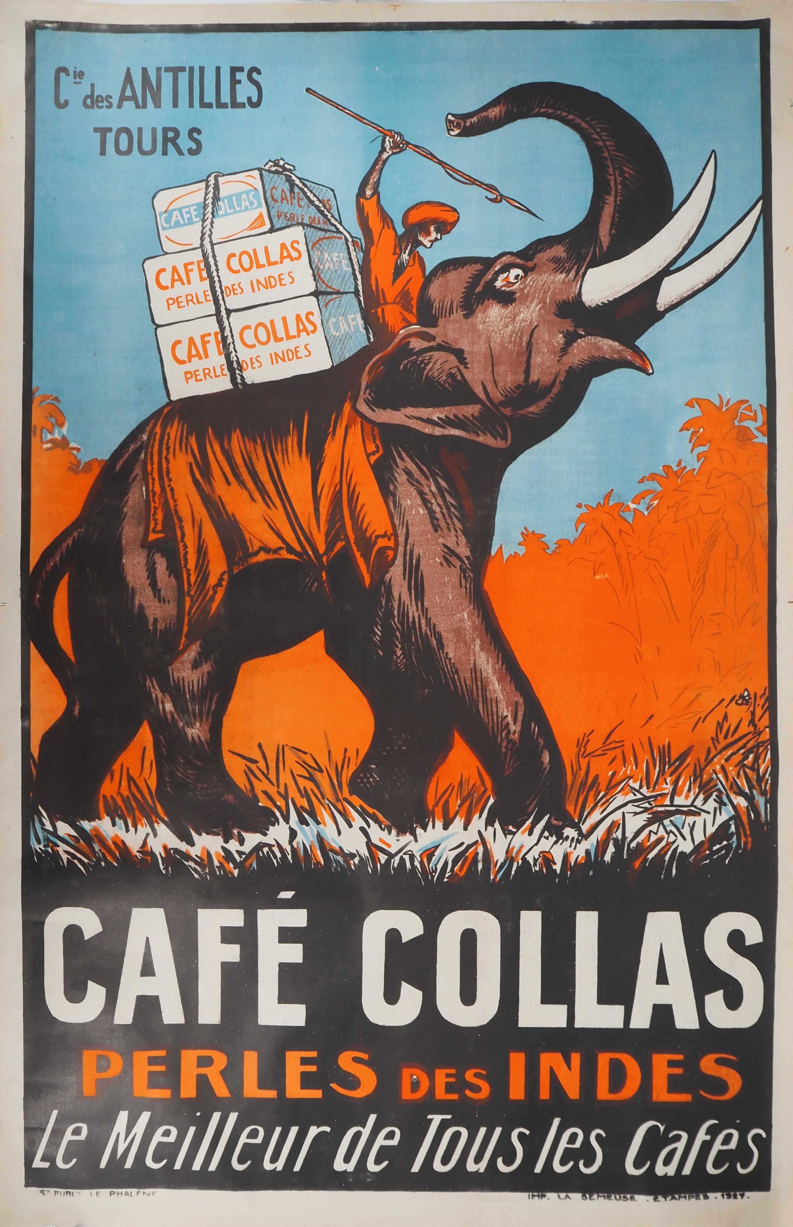 VINTAGE POSTER - Litografía Original : Café Collas (India) - Elefante - 1927 - Print de Unknown