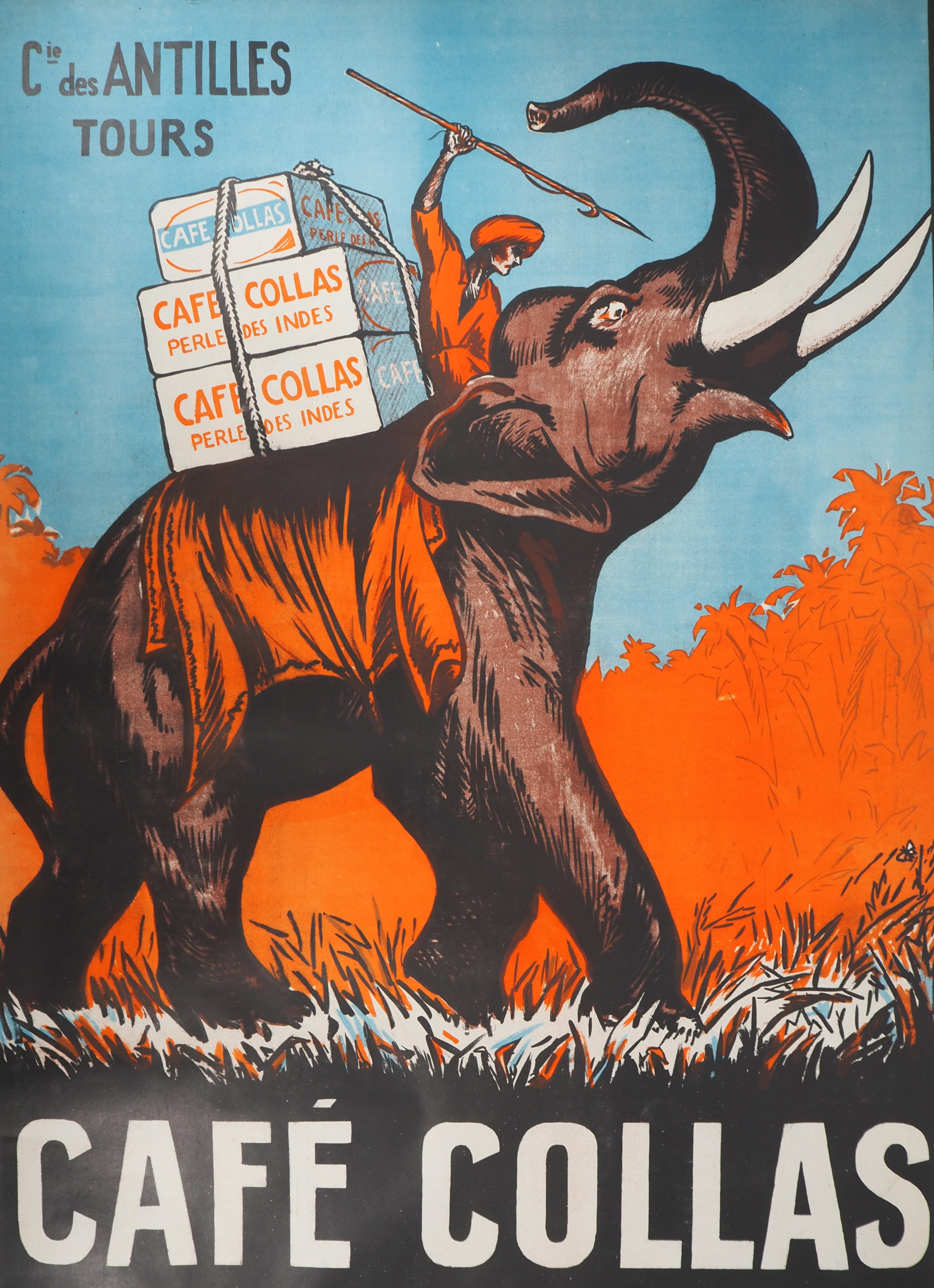 VINTAGE POSTER - Litografía Original : Café Collas (India) - Elefante - 1927 - Print Art Decó de Unknown