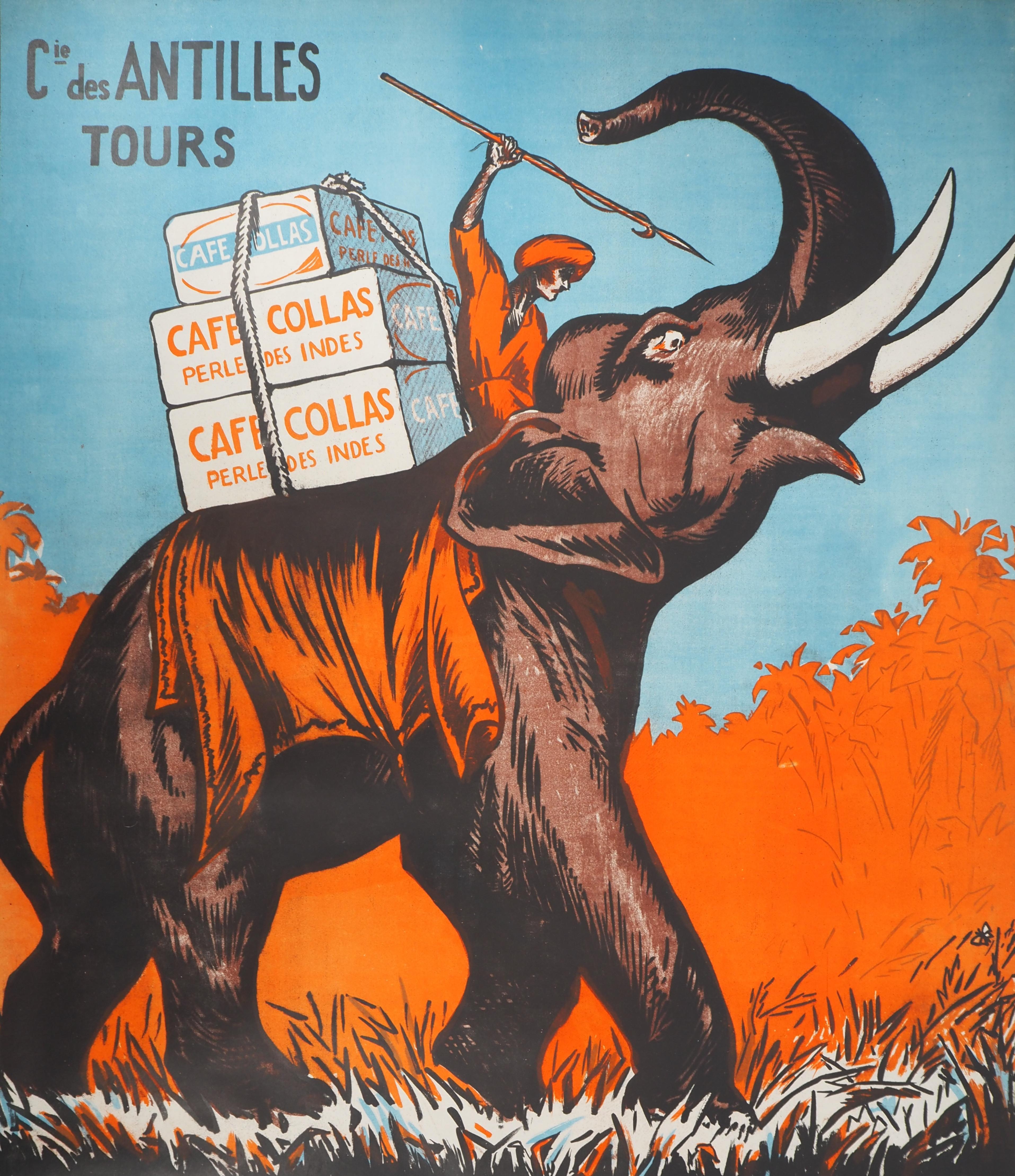VINTAGE POSTER - Litografía Original : Café Collas (India) - Elefante - 1927 - Animal Print Negro de Unknown