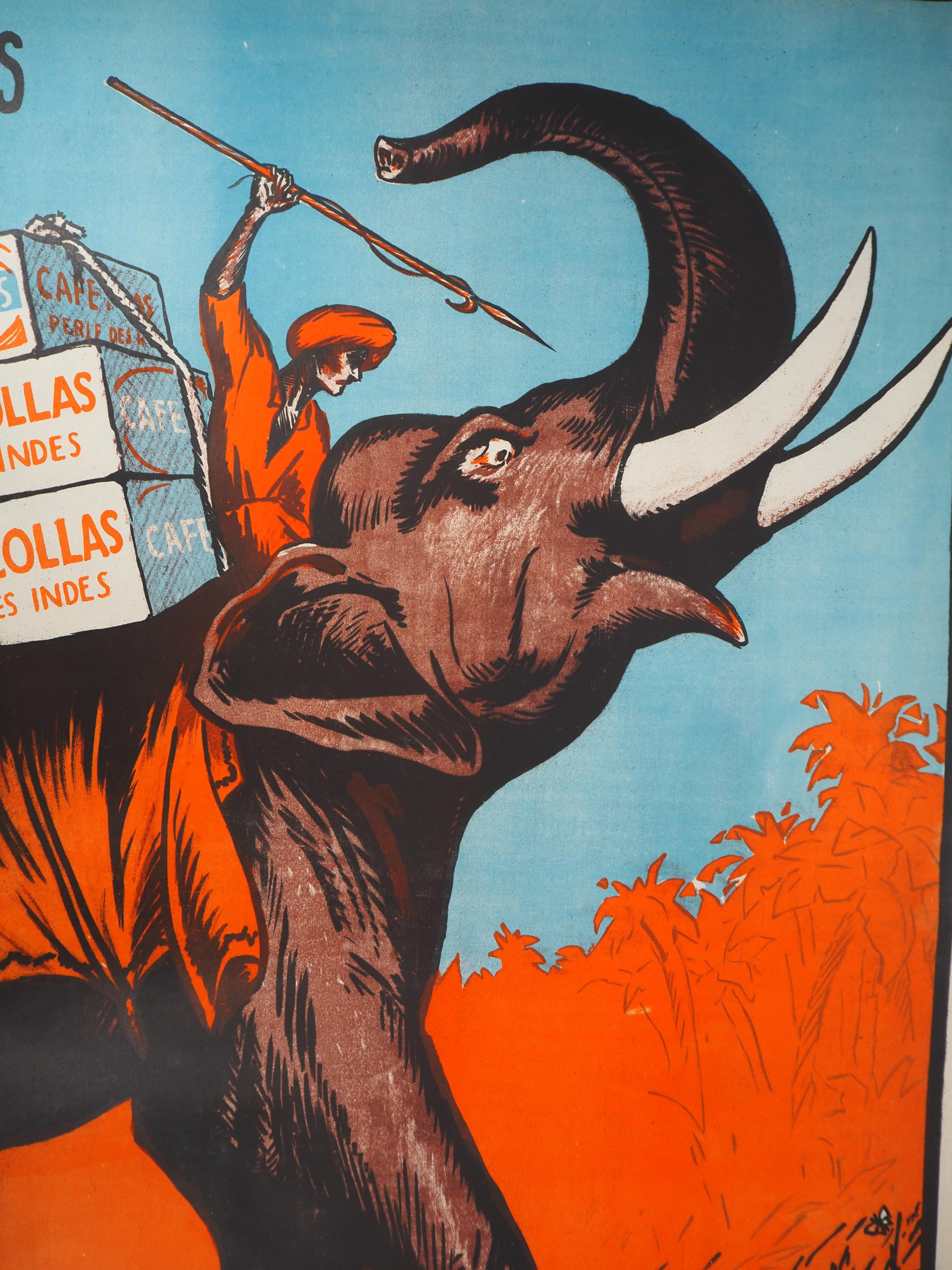 VINTAGE POSTER - Litografía Original : Café Collas (India) - Elefante - 1927 en venta 1
