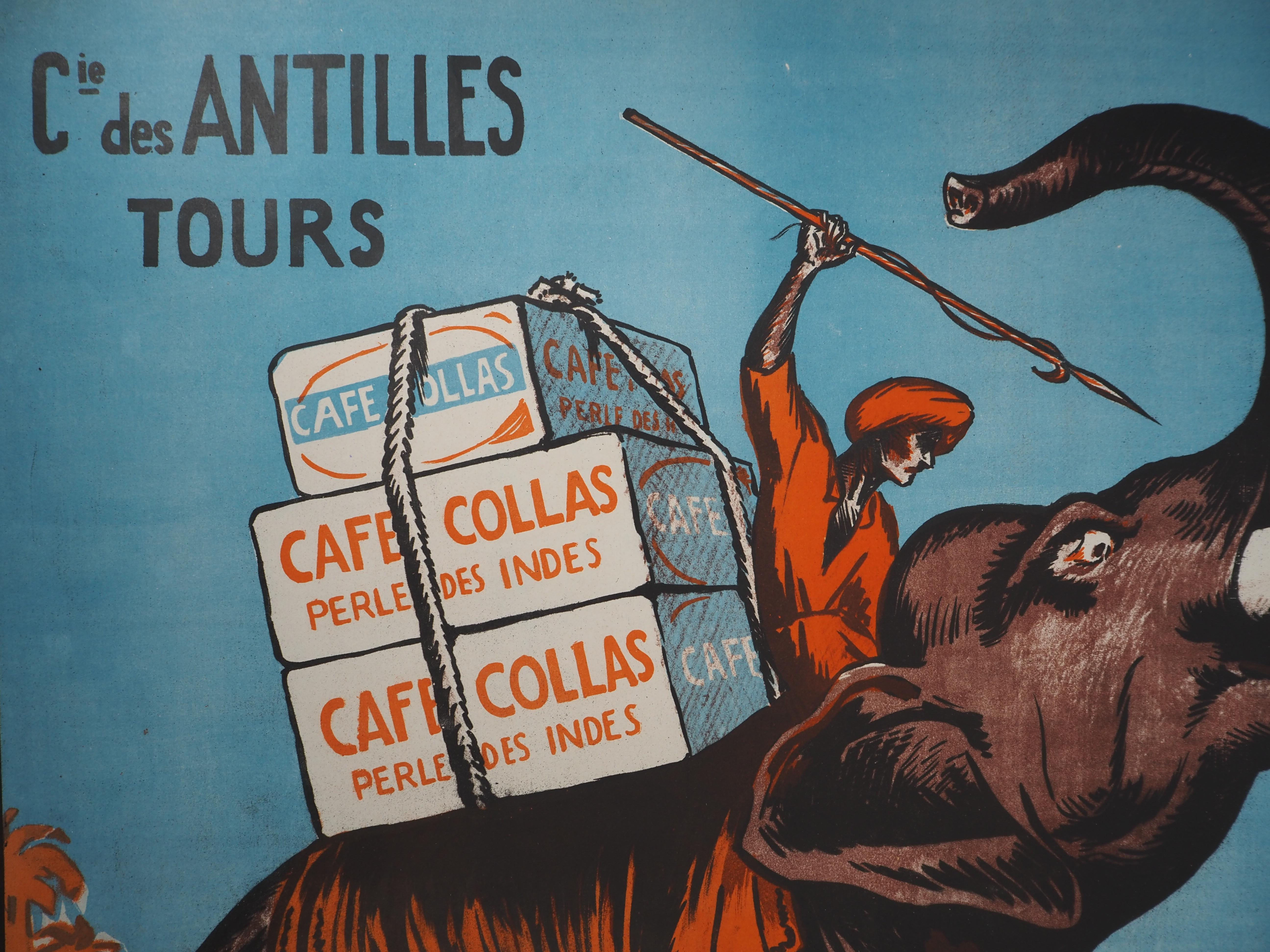 VINTAGE POSTER - Litografía Original : Café Collas (India) - Elefante - 1927 en venta 2