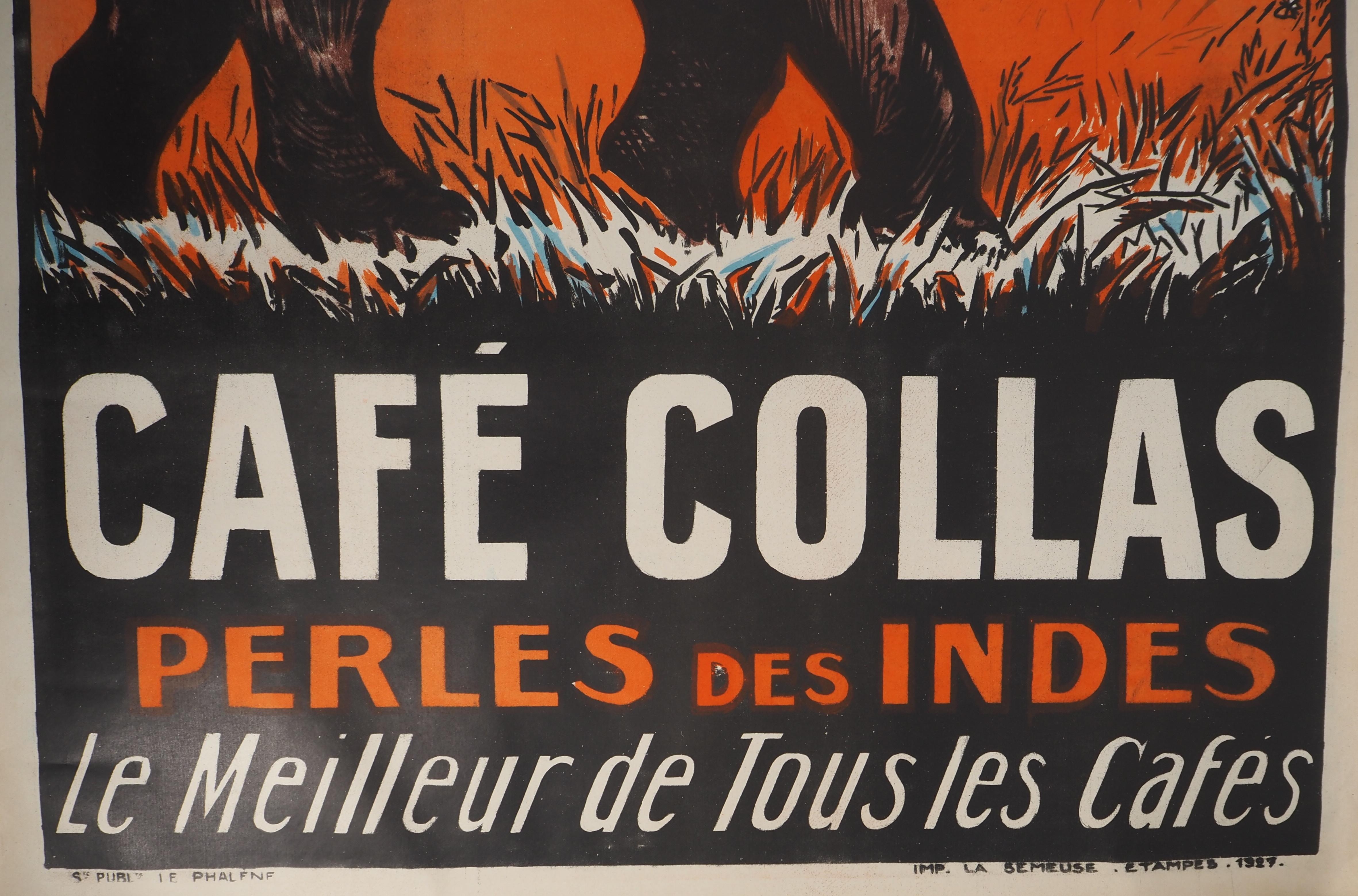 VINTAGE POSTER - Litografía Original : Café Collas (India) - Elefante - 1927 en venta 4