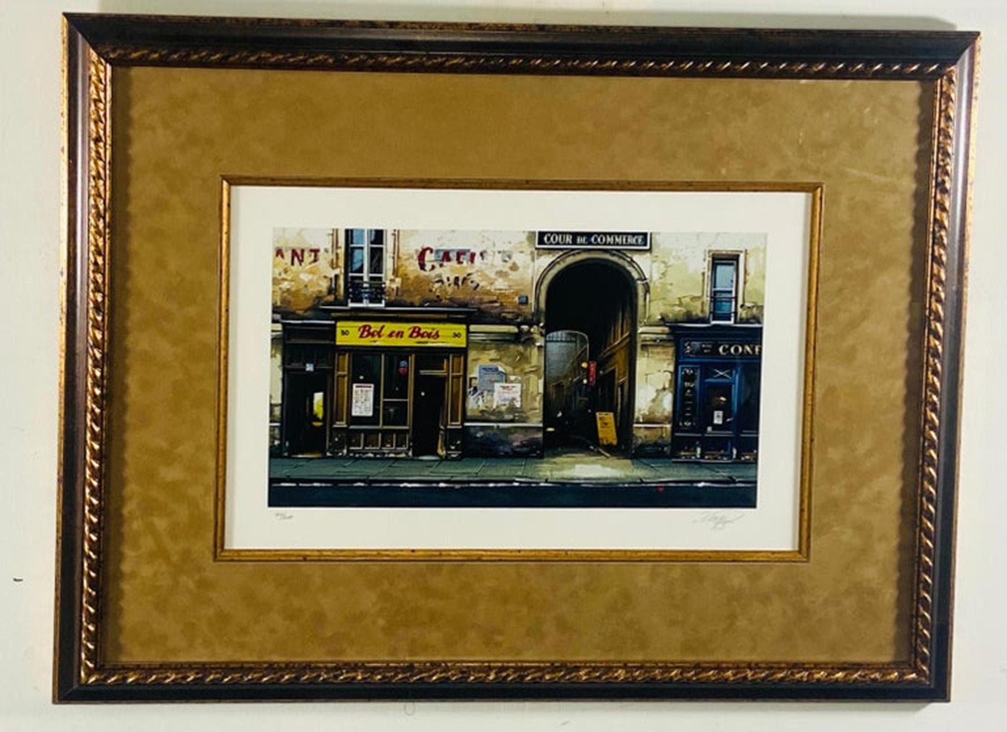 A set of three beautiful framed and matted prints depicting scenes of the street of Paris. Full of life and creativity, the streets of the city of lights seduce us with its artisan shops and colorful business signs and glamorous cafes and bistros.