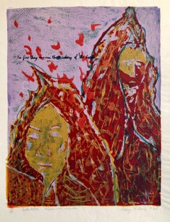 Vintage Vibrant Mod Divine Comedy Dante Inferno Virgil Woodblock Woodcut Print