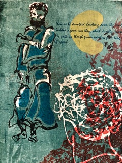 Vintage Vibrant Mod Divine Comedy Dante Virgil Woodblock Woodcut Print