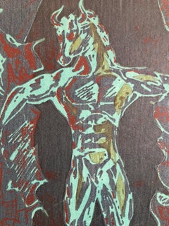 Vintage Vibrant Mod Mythological 1960's Psychedelic Woodblock Woodcut Print